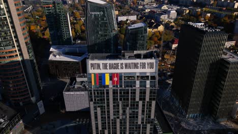 Top-down-view-on-Vilnius-Central-Business-District-with-anti-Putin-protest-banner