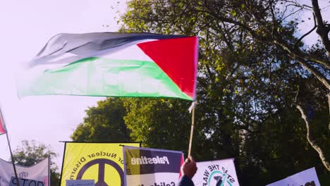 Palestinian-Flag-Waving-in-the-Wind---London,-UK-Protest-for-Gaza-Israel-Conflict,-October-2023