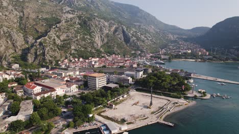 Scenic-aerial-view-over-Kotor-port-and-Old-Town,-UNESCO-world-heritage-site