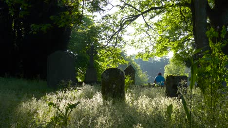 La-Parte-Trasera-De-Un-Hombre-Sentado-En-El-Cementerio-Celta-Abandonado-En-El-Condado-De-Wexford,-Irlanda