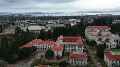 Aerial-view-over-the-University-of-California,-cloudy-day-in-Berkeley,-USA