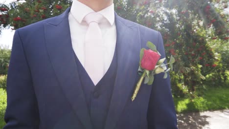 Groom-close-up-of-red-rose-flower-accessory-with-sun-and-trees-in-background