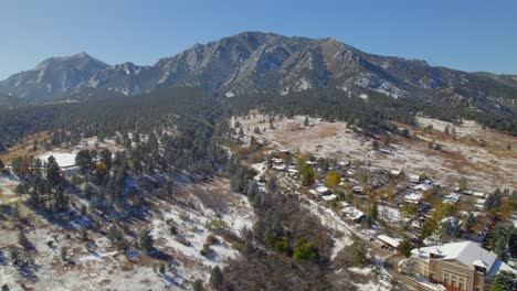Wide-drone-aerial-shot-of-flatirons-mountains-covered-in-light-snow-on-a-fall-day-in-Boulder,-Colorado,-USA