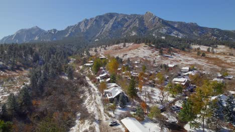 Drone-aerial-rising-up-to-reveal-the-flatirons-nature-landscape-of-Boulder,-Colorado,-USA-on-a-snowy-fall-day