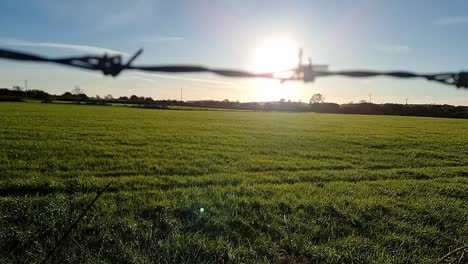 Rising-past-unfocused-barbed-wire-fencing-to-reveal-vibrant-green-agricultural-farmland-with-glowing-sunset-skyline
