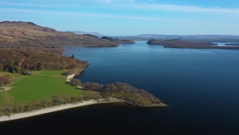 Aerial-Flight-Over-Coast-Of-Loch-Lomond,-Scotland
