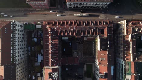 European-apartment-blocks-and-flats,-overhead-4K-aerial-shot