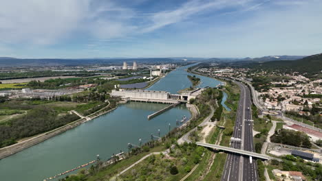 A-bird's-eye-view-of-France's-energy-hub,-Donzère-Mondragon-Dam.