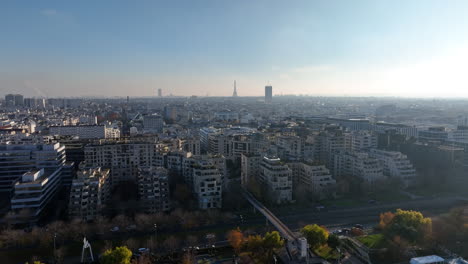 Aerial-morning-shot-over-Paris-beautiful-cityscape-sunny-day