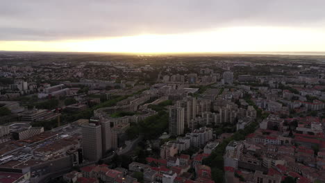 Antigone-district-during-sunrise-aerial-back-traveling-Montpellier-France
