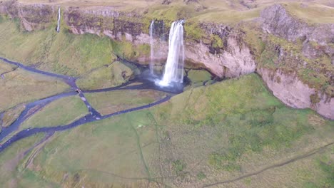 Aerial-drone-shot-of-Seljalandsfoss-waterfall-in-south-Iceland