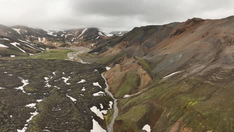 Interminables-Campos-De-Lava-Y-Montañas-En-Islandia-Landmannalaugar-Día-Nublado-Aéreo