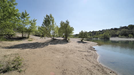 sandy-beach-along-Herault-river-in-the-forest-France-sunny-day