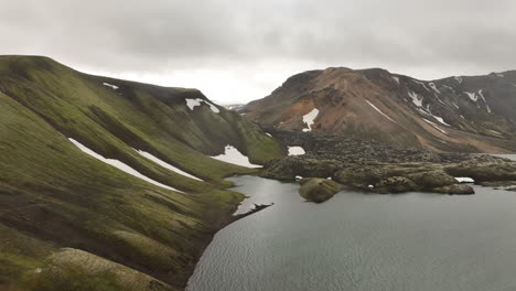 lake-in-the-mountains-with-snow-in-Landmannalaugar-Iceland-aerial-shot
