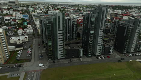 Iceland-Reykjavik-modern-buildings-aerial-short-cloudy-day