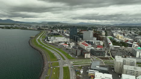 Seaside-street-in-Iceland-Reykjavik-aerial-shot-cloudy-day