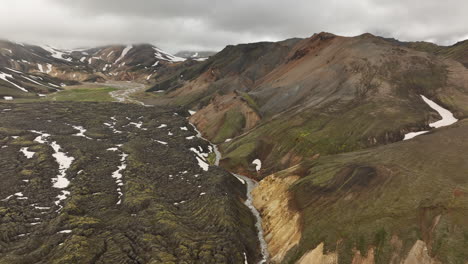 Gran-Campo-De-Lava-Islandés-Toma-Aérea-Landmannalaugar-Islandia-Día-Nublado