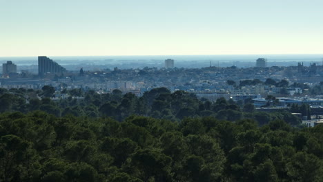 Luftaufnahme-Von-Montpellier-Mit-üppigem-Vordergrund-Und-Skyline-Der-Stadt.