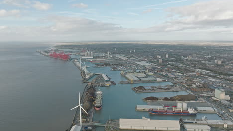 Aerial-view-of-Liverpool's-vibrant-port,-the-hub-of-trade,-on-a-bright-day.