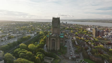 Capture-the-pinnacle-of-Liverpool-Cathedral-from-a-bird's-eye-view,-highlighting