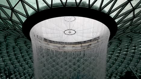 Looking-Up-At-The-Magnificent-Rain-Vortex-Waterfall-Ceiling-Located-At-Jewel-Changi-Airport