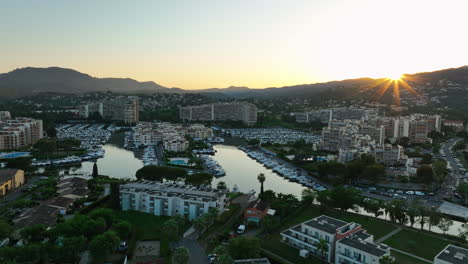 Aerial-view-of-Mandelieu-la-Napoule-marina-at-sunset