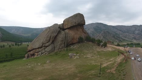 Aerial-drone-shot-and-beautiful-zoom-out-turtle-rock-in-Mongolia