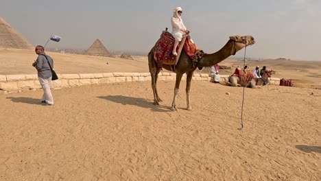Woman-poses-on-top-of-camel-as-tour-guide-leader-holds-flag-at-famous-pyramids