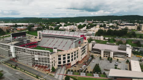 Iconic-Exterior-With-Glimpse-Inside-Of-The-Razorback-Stadium-In-Fayetteville,-Arkansas