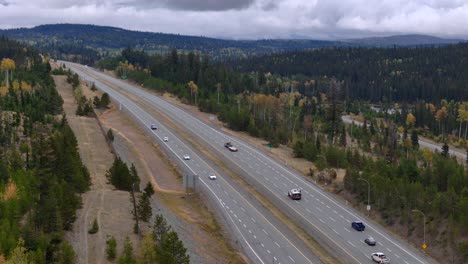 Bird's-Eye-View-of-Four-Lane-Coquihalla-Highway-Near-Kamloops:-Cars-and-Trucks-in-Motion