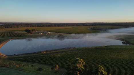 Steam-fog-above-the-lake-near-the-farmland-at-sunrise-in-Margaret-River,-Western-Australia,-aerial-dynamic-track-shot