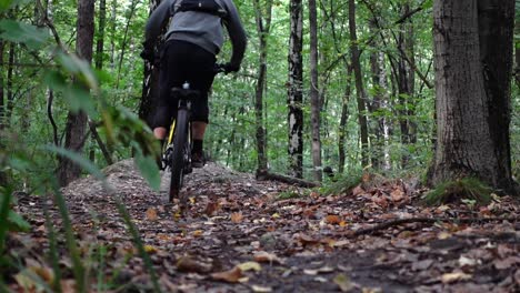 Static-shot-in-slow-motion-from-behind-of-mountain-biker-jumping-and-droping-down-on-a-electric-mountain-bike-in-the-forest