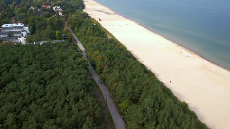 Aerial-panoramic-overview-of-bike-and-walking-path-parallel-to-beach-of-Gdansk-Jelitkowo-Poland