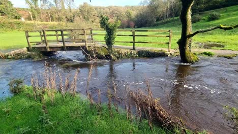 Overflowing-burst-riverbank-flooding-peaceful-sunlit-North-Wales-meadow-under-wooden-bridge-crossing