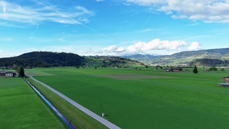 Endless-green-pastures-and-farmland-with-alpine-horizon,-aerial-panorama