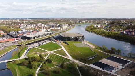 Aerial-panoramic-view-of-Kaunas-Zalgiris-arena-and-island