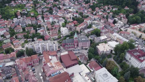 Sarajevo-aerial-view,-Church-of-Saint-Anthony-of-Padua,-urban-landscape