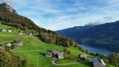 Aerial-view-of-beautiful-mountainside-above-lake-walensee