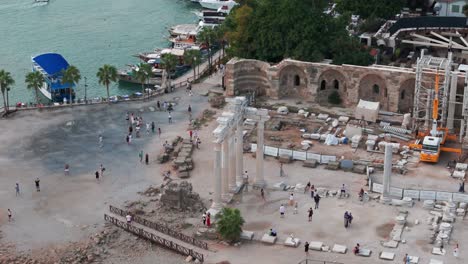 Apollo-Temple-Ruins,-Roman-Tourist-Attraction-in-Side,-Turkey,-Aerial