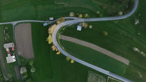 Overhead-drone-view:-Early-spring-and-a-lone-car-ascends-a-winding-hillside-road-as-the-sun-sets,-casting-a-warm-glow-on-lush-green-grass