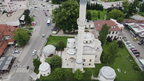 Aerial:-Ferhadija-mosque-amidst-urban-Banja-Luka-streetscape