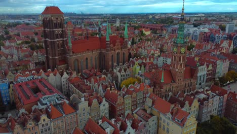 Cinematic-aerial-4K-drone-video-of-Gdansk,-Poland---including-Old-Town-Hall-and-St-Mary's-Basilica