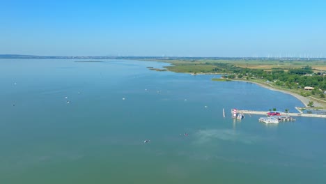 Panoramic-Aerial-View-Of-Podersdorf-Lighthouse-In-Neusiedl-am-See,-Austria
