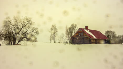 Der-Anblick-Einer-Hütte,-Die-Im-Winter-In-Einem-Dorf-Steht,-Umgeben-Von-Schwankenden-Bäumen-Und-Einer-Schneedecke,-Ist-Wirklich-Faszinierend