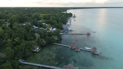 Bacalar-Mexico-laguna-seven-colours-beach-resort-town-on-the-lake-aerial-drone