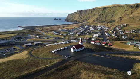 Vik-Myrdal-Church-Building-in-Southern-Iceland-during-Summer,-Aerial