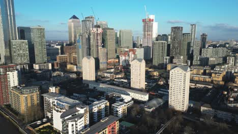 High-angle-view-over-Canary-Wharf-skyline-in-East-London,-UK