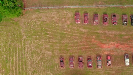 Aerial-top-view-of-junkyard-with-old-abandoned-and-rusty-vintage-cars-in-Sylacauga,-Alabama