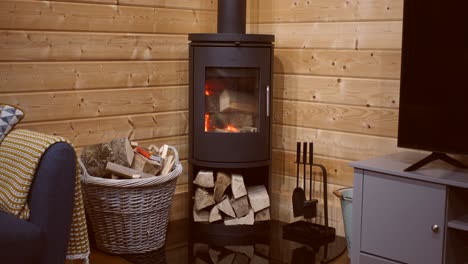 wide-shot-of-a-fire-just-started-in-a-wood-burner-with-kindling-and-logs-in-a-log-cabin