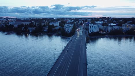 Flyover-multi-lane-city-bridge-in-blue-light-dusk,-Helsinki,-Finland